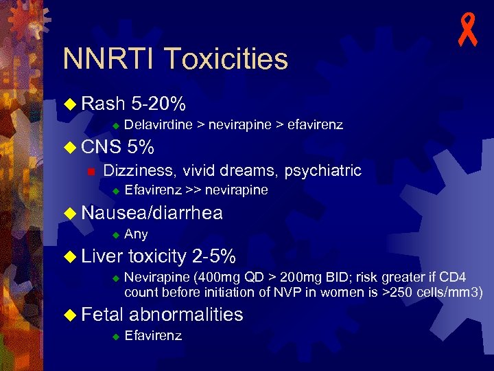 NNRTI Toxicities - u Rash 5 -20% u Delavirdine > nevirapine > efavirenz u