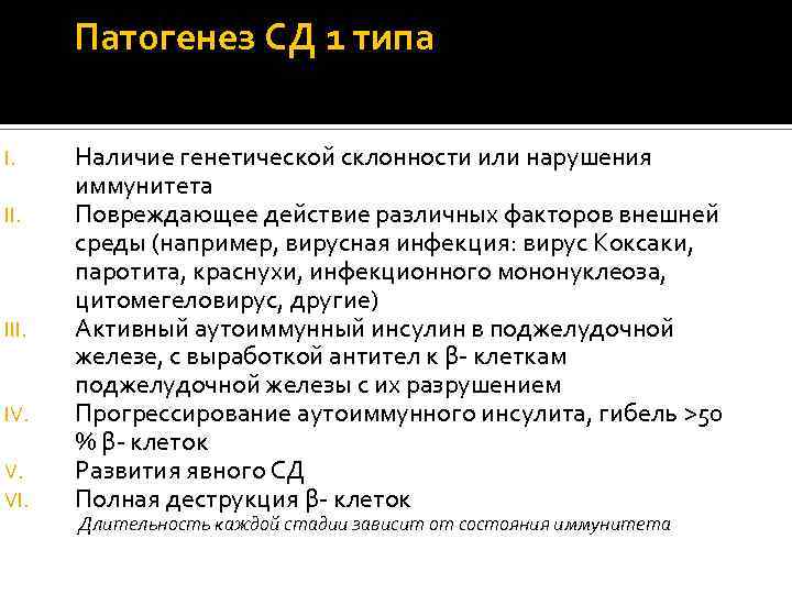 Патогенез СД 1 типа I. II. IV. V. VI. Наличие генетической склонности или нарушения