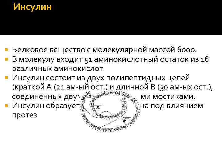 Инсулин Белковое вещество с молекулярной массой 6000. В молекулу входит 51 аминокислотный остаток из