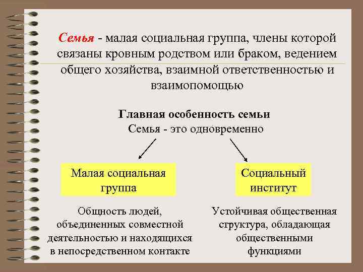 Семья - малая социальная группа, члены которой связаны кровным родством или браком, ведением общего