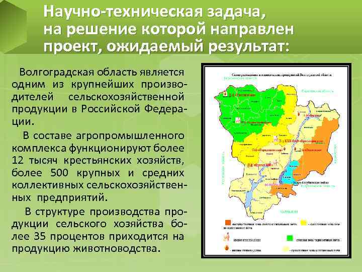 Научно-техническая задача, на решение которой направлен проект, ожидаемый результат: Волгоградская область является одним из