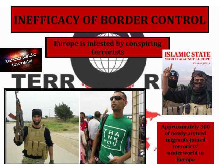 INEFFICACY OF BORDER CONTROL Europe is infested by conspiring terrorists Approximately 300 of newly-arrived