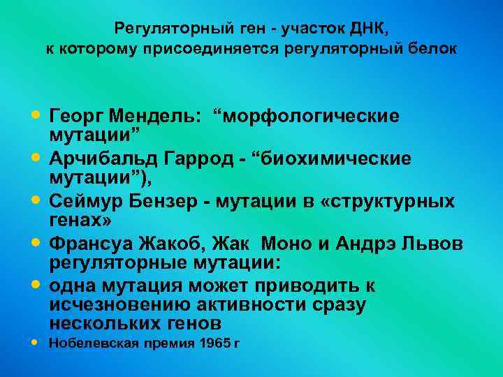Регуляторный ген - участок ДНК, к которому присоединяется регуляторный белок • Георг Мендель: “морфологические