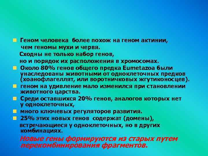  Геном человека более похож на геном актинии, чем геномы мухи и червя. Сходны