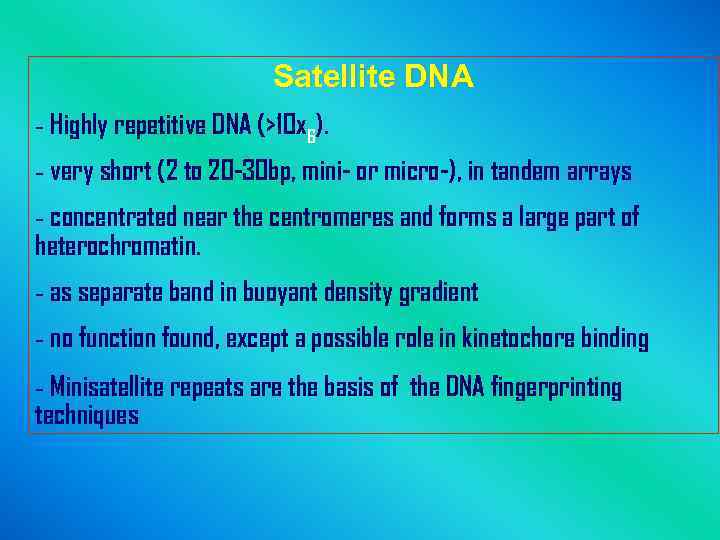 Satellite DNA - Highly repetitive DNA (>10 x 6). - very short (2 to