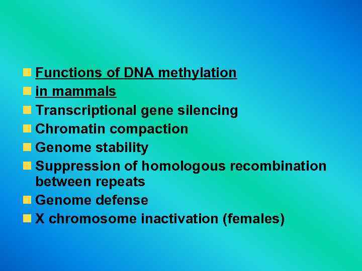  Functions of DNA methylation in mammals Transcriptional gene silencing Chromatin compaction Genome stability