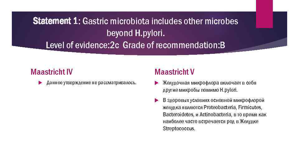 Statement 1: Gastric microbiota includes other microbes beyond H. pylori. Level of evidence: 2