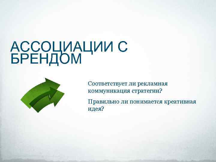 АССОЦИАЦИИ С БРЕНДОМ Соответствует ли рекламная коммуникация стратегии? Правильно ли понимается креативная идея? 