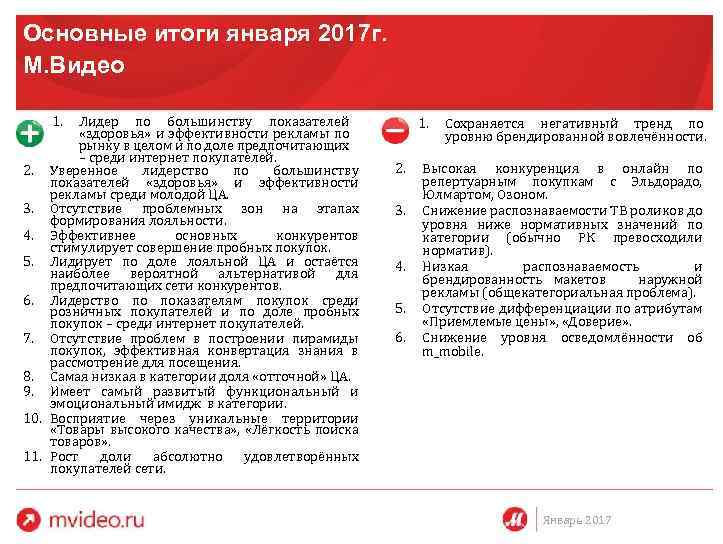 Основные итоги января 2017 г. М. Видео 1. Лидер по большинству показателей «здоровья» и
