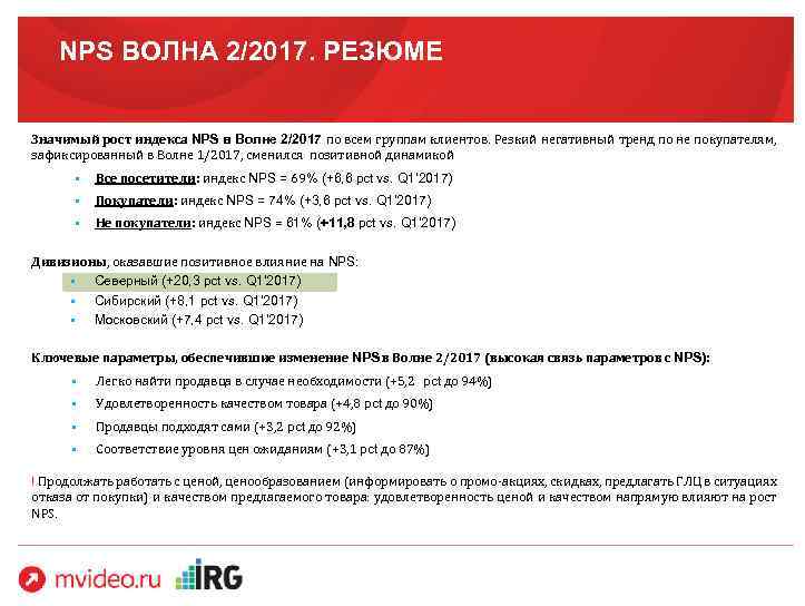 NPS ВОЛНА 2/2017. РЕЗЮМЕ Значимый рост индекса NPS в Волне 2/2017 по всем группам