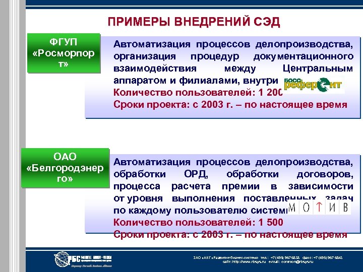 ПРИМЕРЫ ВНЕДРЕНИЙ СЭД ФГУП «Росморпор т» Автоматизация процессов делопроизводства, организация процедур документационного взаимодействия между