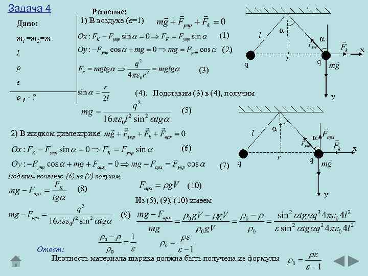 Задача 4 Дано: Решение: 1) В воздухе (ε=1) α l (1) m 1=m 2=m