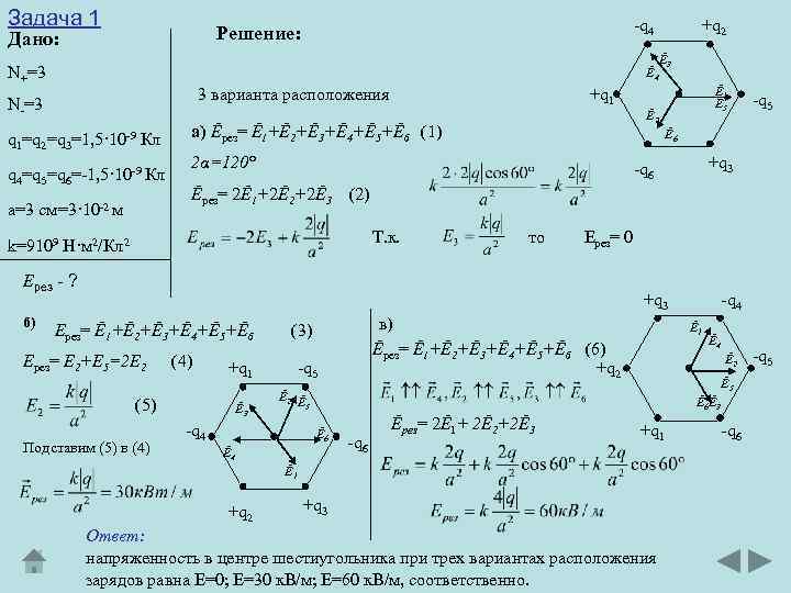 Задача 1 -q 4 Решение: Дано: N+=3 Ē 4 3 варианта расположения N-=3 q