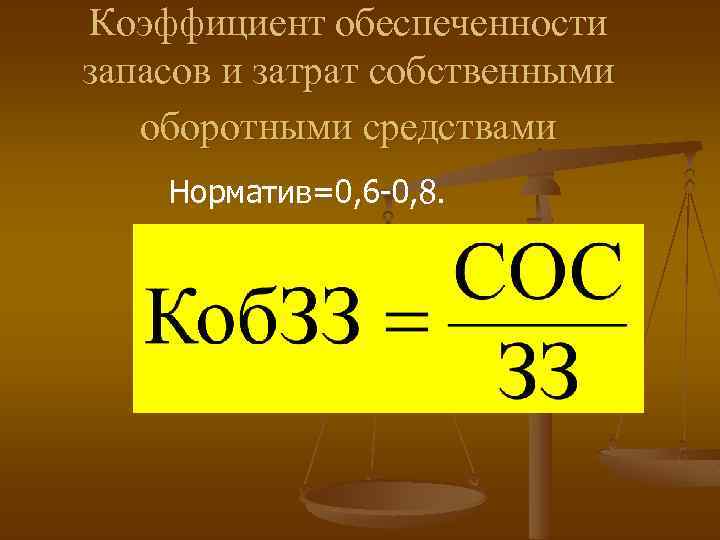 Коэффициент обеспеченности запасов и затрат собственными оборотными средствами Норматив=0, 6 -0, 8. 