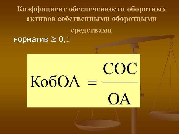 Коэффициент обеспеченности оборотных активов собственными оборотными средствами норматив ≥ 0, 1 