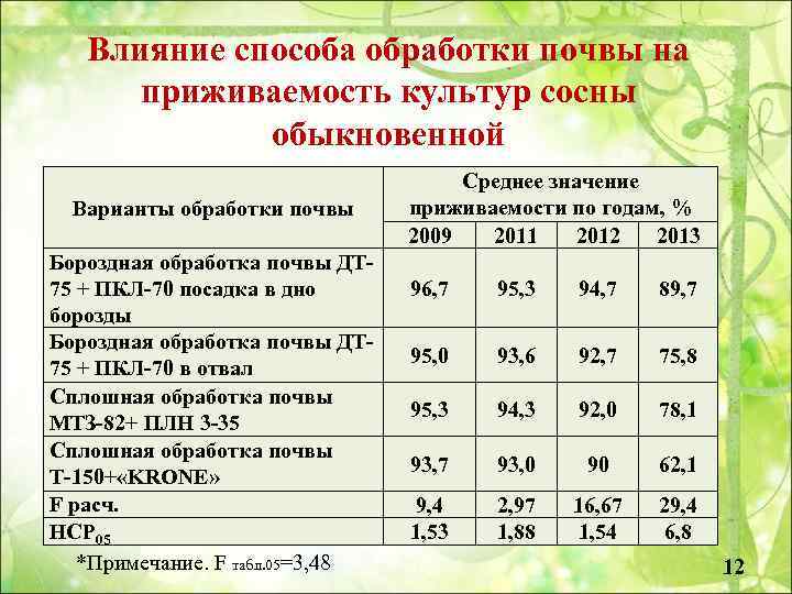Влияние способа обработки почвы на приживаемость культур сосны обыкновенной Варианты обработки почвы Бороздная обработка
