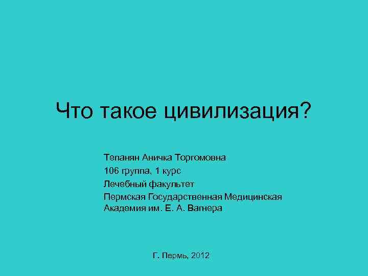 Что такое цивилизация? Тепанян Аничка Торгомовна 106 группа, 1 курс Лечебный факультет Пермская Государственная