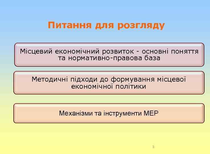 Питання для розгляду Місцевий економічний розвиток - основні поняття та нормативно-правова база Методичні підходи