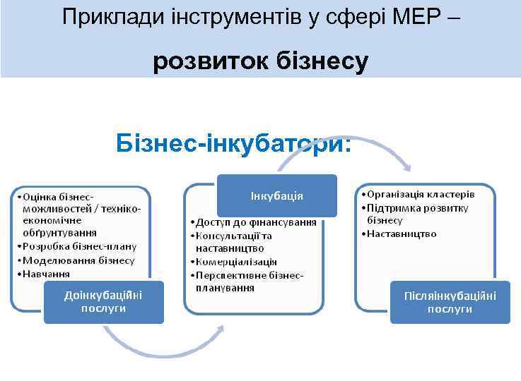 Приклади інструментів у сфері МЕР – розвиток бізнесу Бізнес-інкубатори: 