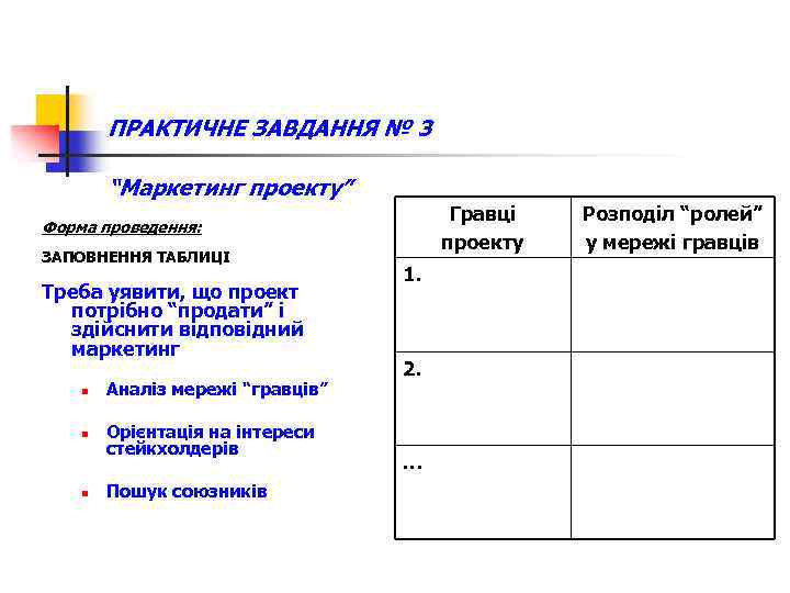 ПРАКТИЧНЕ ЗАВДАННЯ № 3 “Маркетинг проекту” Гравці проекту Форма проведення: ЗАПОВНЕННЯ ТАБЛИЦІ Треба уявити,