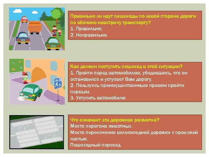 Правильно ли идут пешеходы по левой стороне дороги по обочине навстречу транспорту? 1. Правильно;