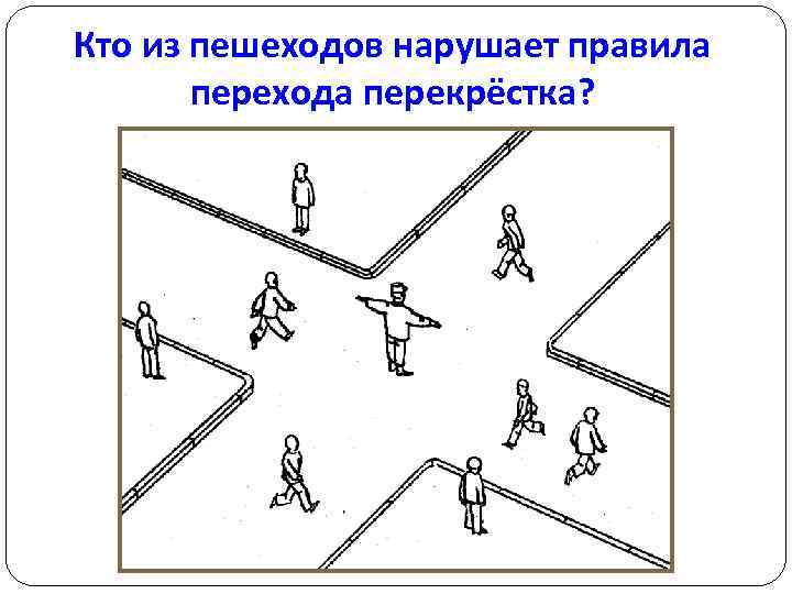 Кто из пешеходов нарушает правила перехода перекрёстка? 