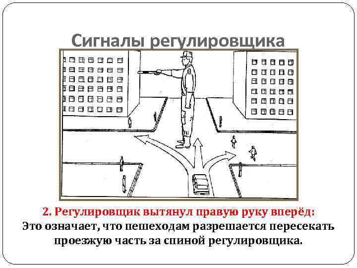 Сигналы регулировщика 2. Регулировщик вытянул правую руку вперёд: Это означает, что пешеходам разрешается пересекать