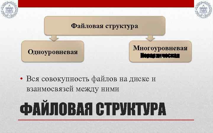 Файловая структура Одноуровневая Многоуровневая Иерархическая • Вся совокупность файлов на диске и взаимосвязей между