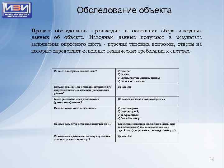 Обследование объекта Процесс обследования происходит на основании сбора исходных данных об объекте. Исходные данные