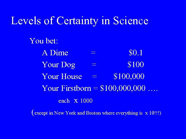 Levels of Certainty in Science You bet: A Dime = $0. 1 Your Dog