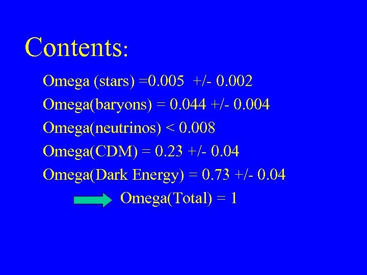 Contents: Omega (stars) =0. 005 +/- 0. 002 Omega(baryons) = 0. 044 +/- 0.