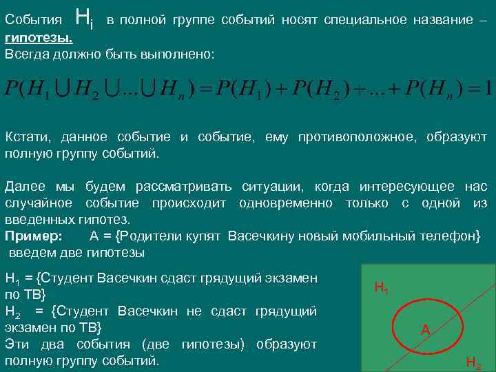 Н События i в полной группе событий носят специальное название – гипотезы. Всегда должно