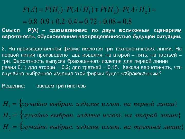 Смысл Р(А) – «размазанная» по двум возможным сценариям вероятность, обусловленная неопределенностью будущей ситуации. 2.