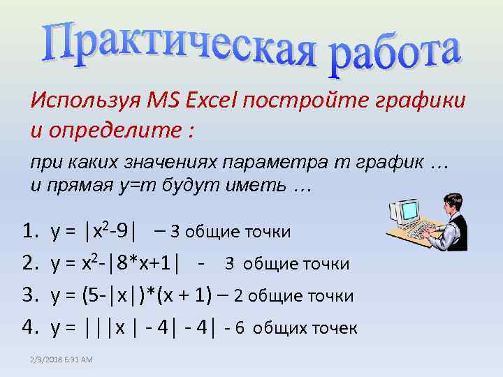 Используя MS Excel постройте графики и определите : при каких значениях параметра m график
