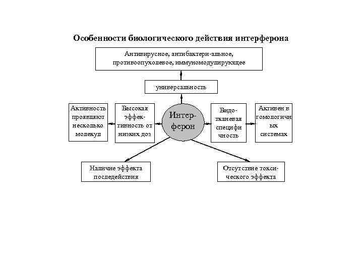 Особенности биологического действия интерферона Антивирусное, антибактери-альное, противоопухолевое, иммуномодулирующее универсальность Активность проявляют несколько молекул Высокая