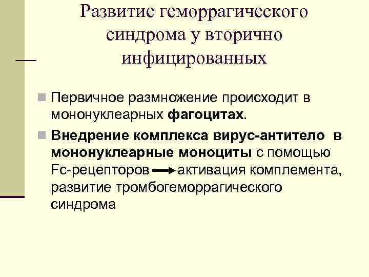 Развитие геморрагического синдрома у вторично инфицированных n Первичное размножение происходит в мононуклеарных фагоцитах. n