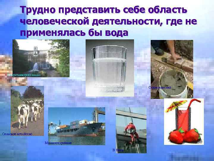 Трудно представить себе область человеческой деятельности, где не применялась бы вода Гидроэлектростанция Строительство Сельское