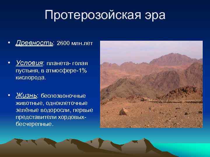 Протерозойская эра • Древность: 2600 млн. лет • Условия: планета- голая пустыня, в атмосфере-1%