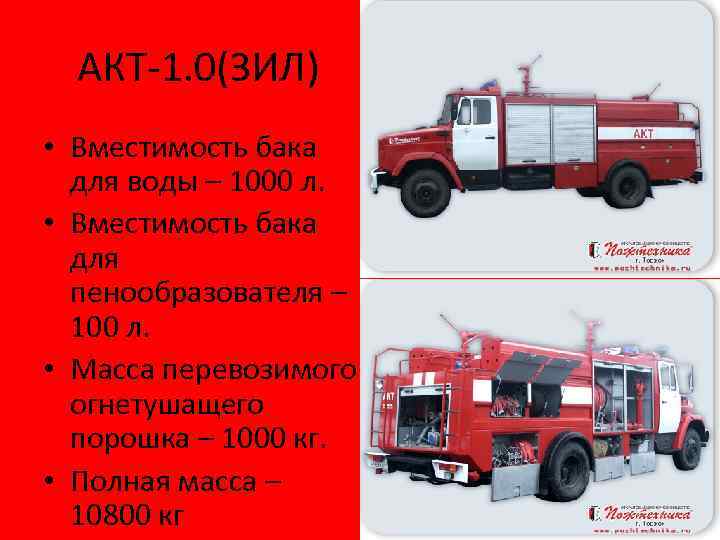 АКТ-1. 0(ЗИЛ) • Вместимость бака для воды – 1000 л. • Вместимость бака для