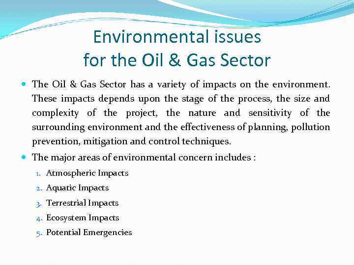 Environmental issues for the Oil & Gas Sector The Oil & Gas Sector has