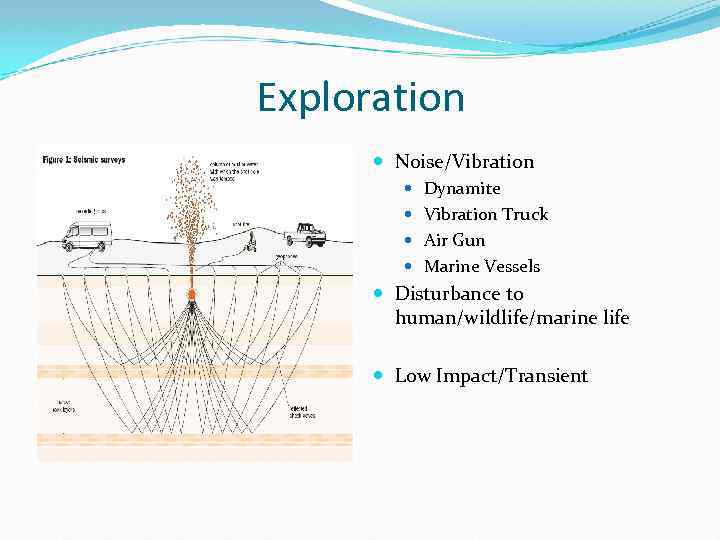 Exploration Noise/Vibration Dynamite Vibration Truck Air Gun Marine Vessels Disturbance to human/wildlife/marine life Low