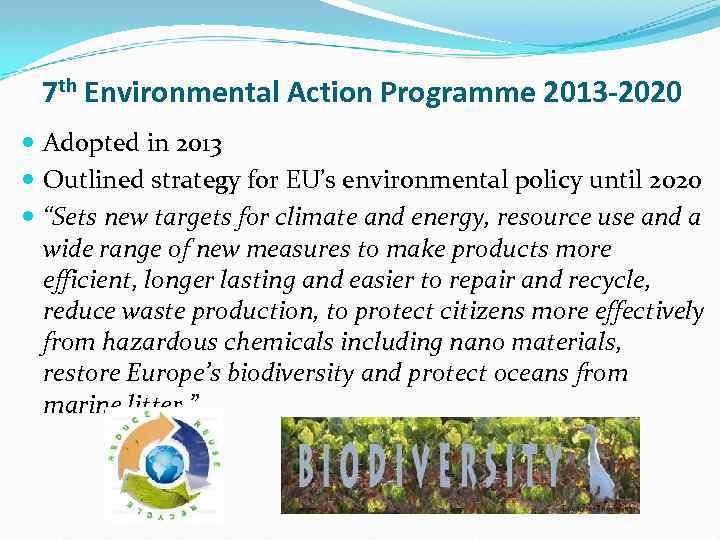 7 th Environmental Action Programme 2013 -2020 Adopted in 2013 Outlined strategy for EU’s