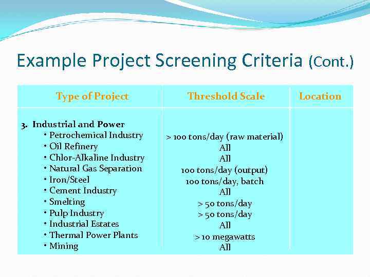 Example Project Screening Criteria (Cont. ) Type of Project 3. Industrial and Power •