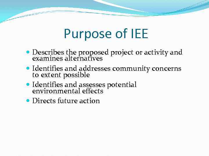 Purpose of IEE Describes the proposed project or activity and examines alternatives Identifies and