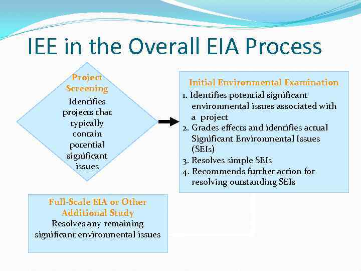 IEE in the Overall EIA Process Project Screening Identifies projects that typically contain potential