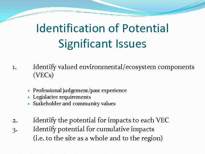 Identification of Potential Significant Issues 1. Identify valued environmental/ecosystem components (VECs) 2. 3. Professional