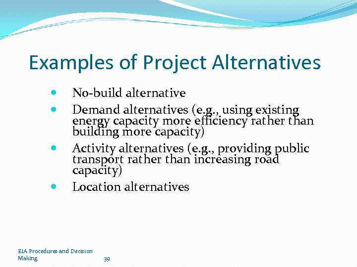 Examples of Project Alternatives No-build alternative Demand alternatives (e. g. , using existing energy