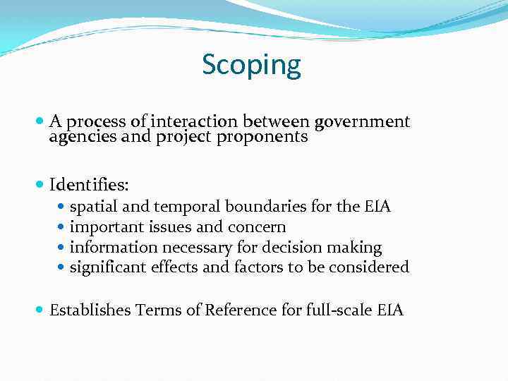 Scoping A process of interaction between government agencies and project proponents Identifies: spatial and