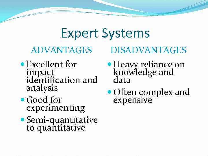 Expert Systems ADVANTAGES DISADVANTAGES Excellent for impact identification and analysis Good for experimenting Semi-quantitative