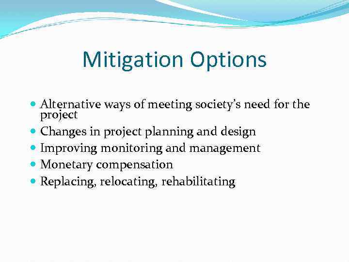 Mitigation Options Alternative ways of meeting society’s need for the project Changes in project